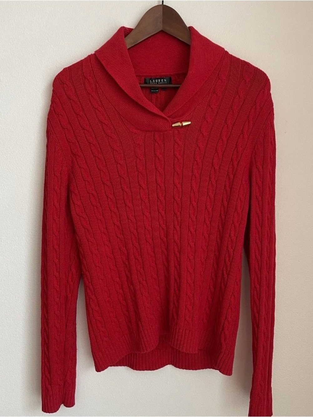 Lauren Ralph Lauren Red Cable Knit Sweater Medium Shawl Collar Preppy Old Money